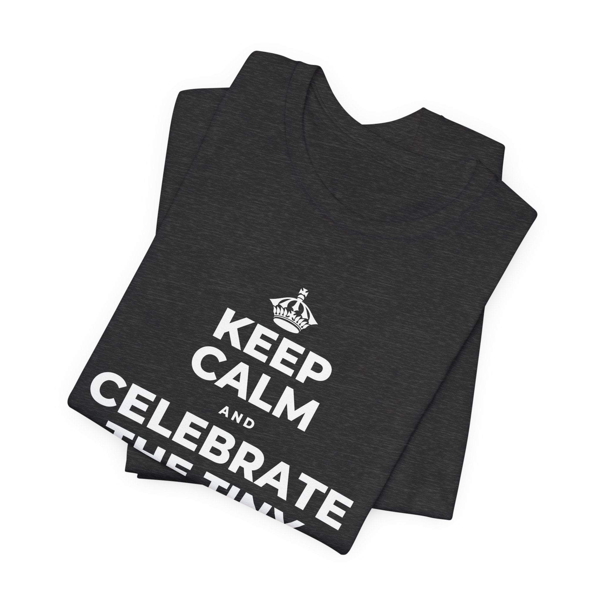 KEEP CALM AND CELEBRATE THE TINY VICTORIES EVERY SINGLE DAY T-Shirt (White–Asphalt)