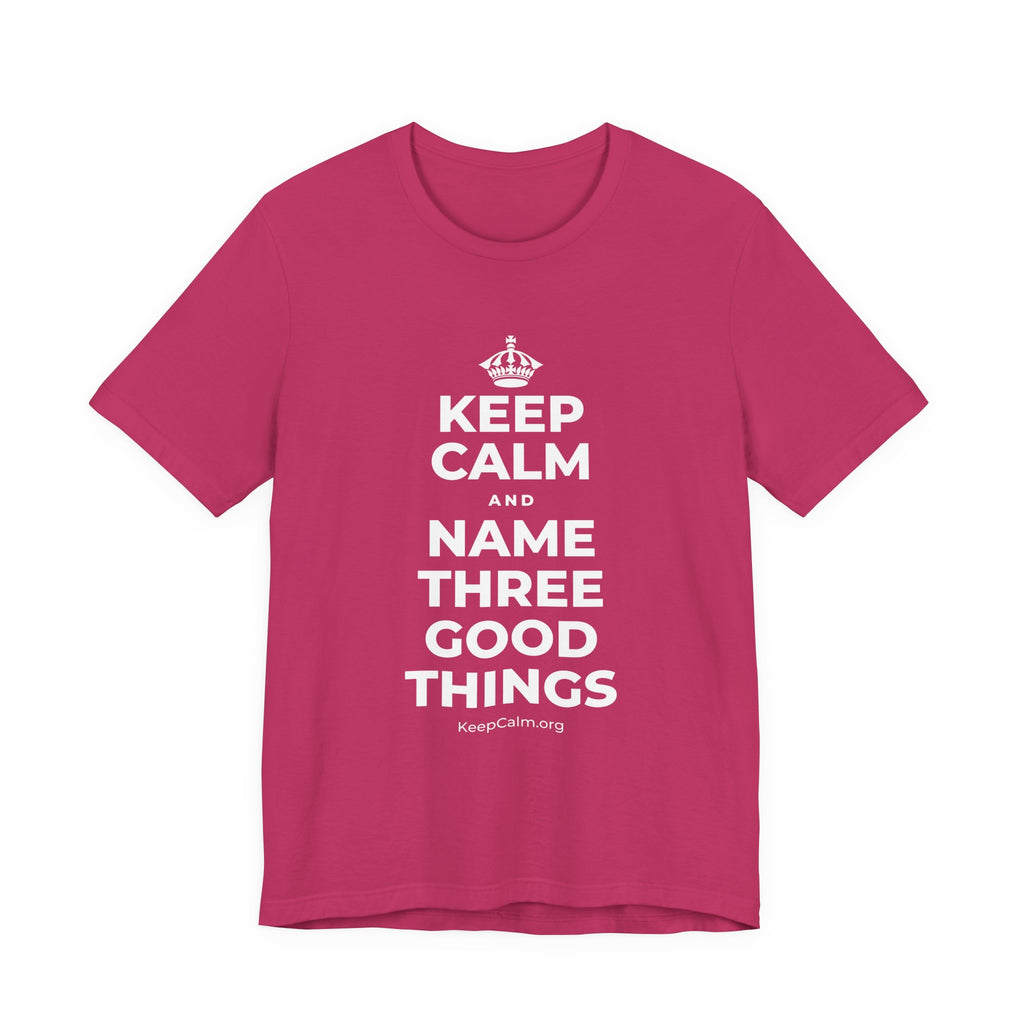 KEEP CALM AND NAME THREE GOOD THINGS T-Shirt (Baby Blue–Silver)