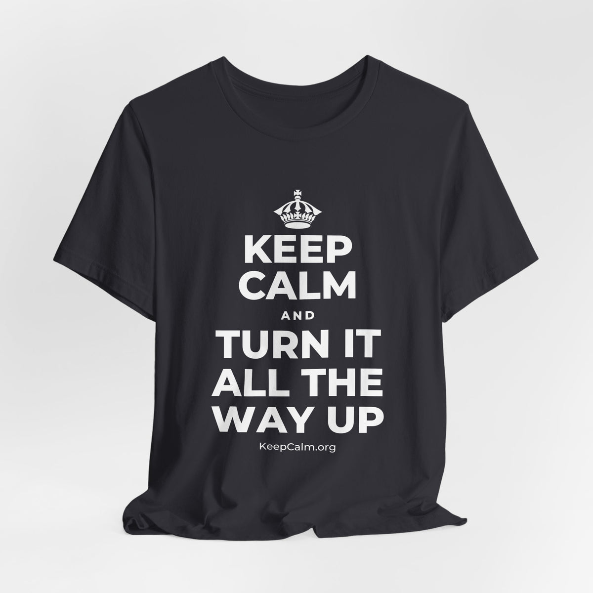 KEEP CALM AND TURN IT ALL THE WAY UP T-Shirt (Baby Blue–Silver)