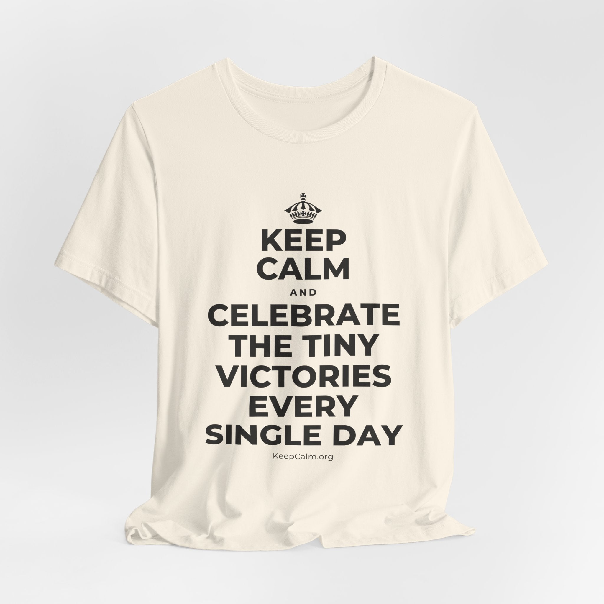 KEEP CALM AND CELEBRATE THE TINY VICTORIES EVERY SINGLE DAY T-Shirt (White–Asphalt)