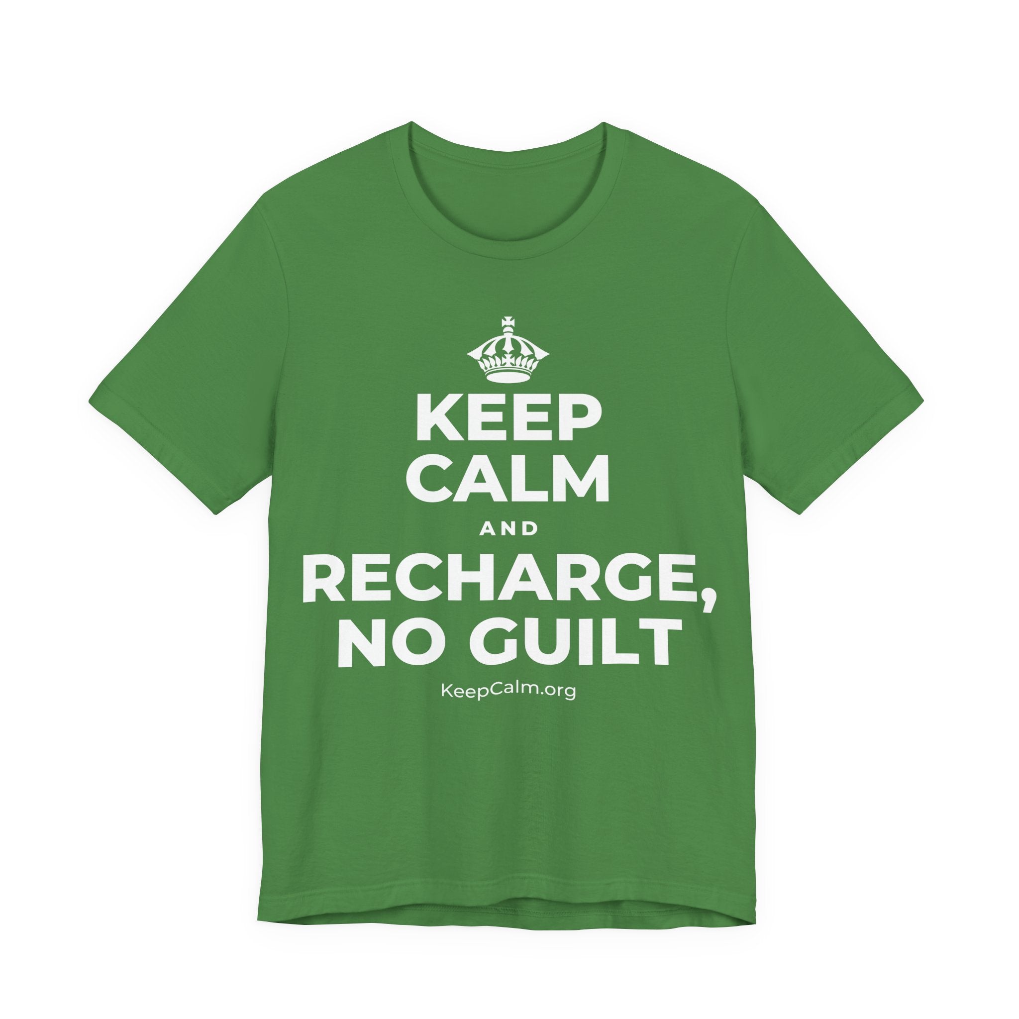 KEEP CALM AND RECHARGE, NO GUILT T-Shirt (Baby Blue–Silver)