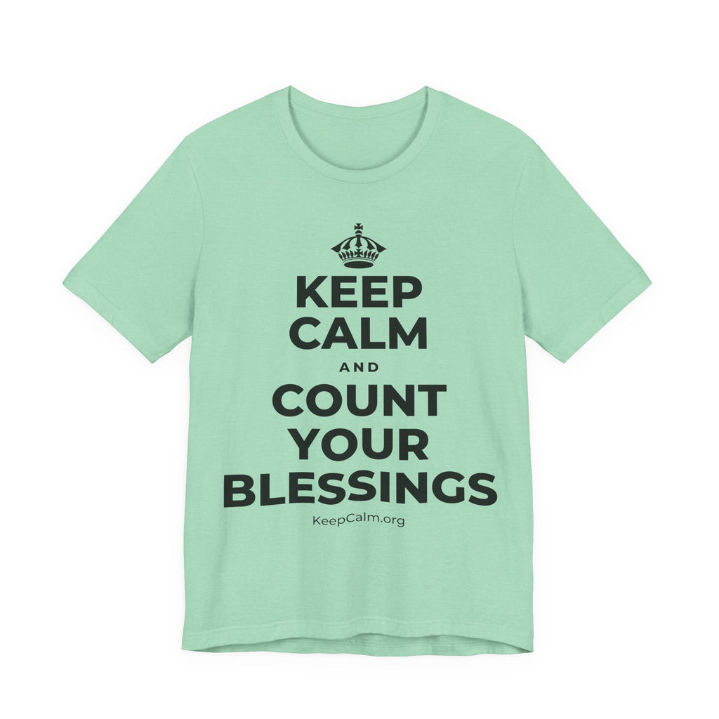 KEEP CALM AND COUNT YOUR BLESSINGS T-Shirt (Baby Blue–Silver)
