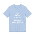 KEEP CALM AND TREAT YOURSELF T-Shirt (Baby Blue–Silver)
