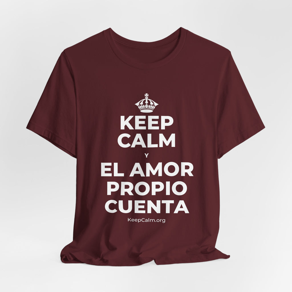 KEEP CALM Y EL AMOR PROPIO CUENTA T-Shirt (Baby Blue–Silver)