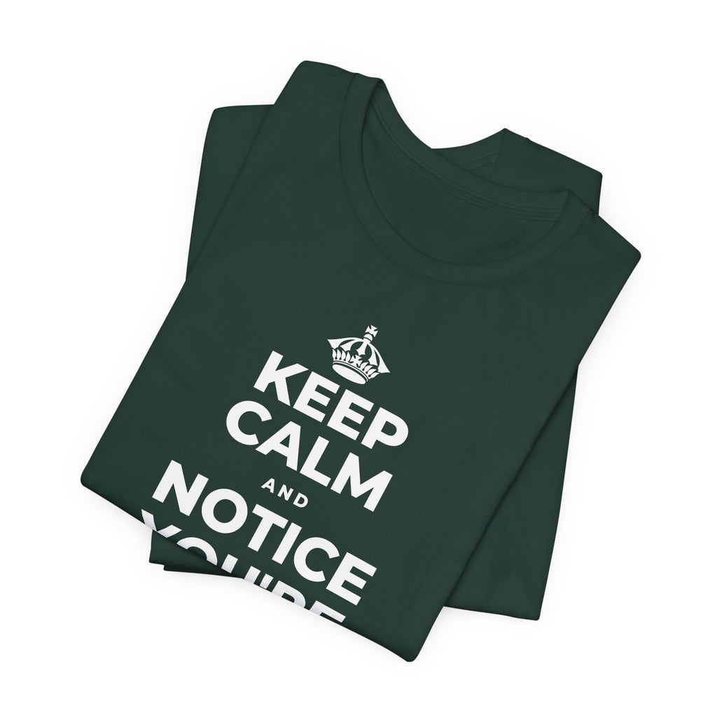 KEEP CALM AND NOTICE YOU'RE SAFE RIGHT NOW T-Shirt (White–Asphalt)