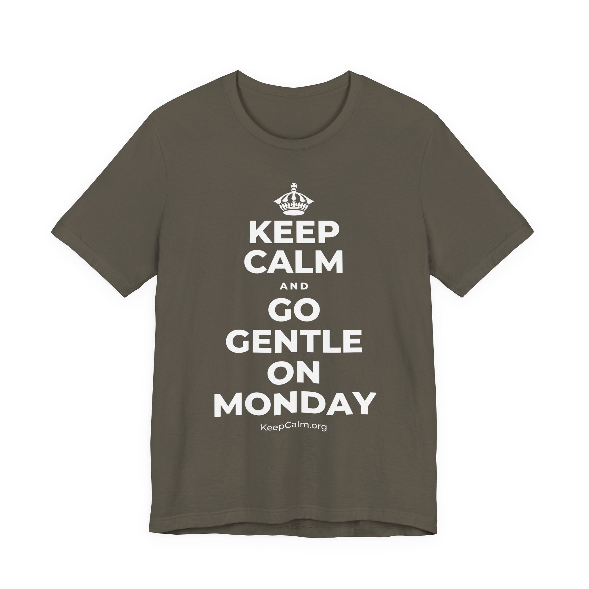 KEEP CALM AND GO GENTLE ON MONDAY T-Shirt (White–Asphalt)