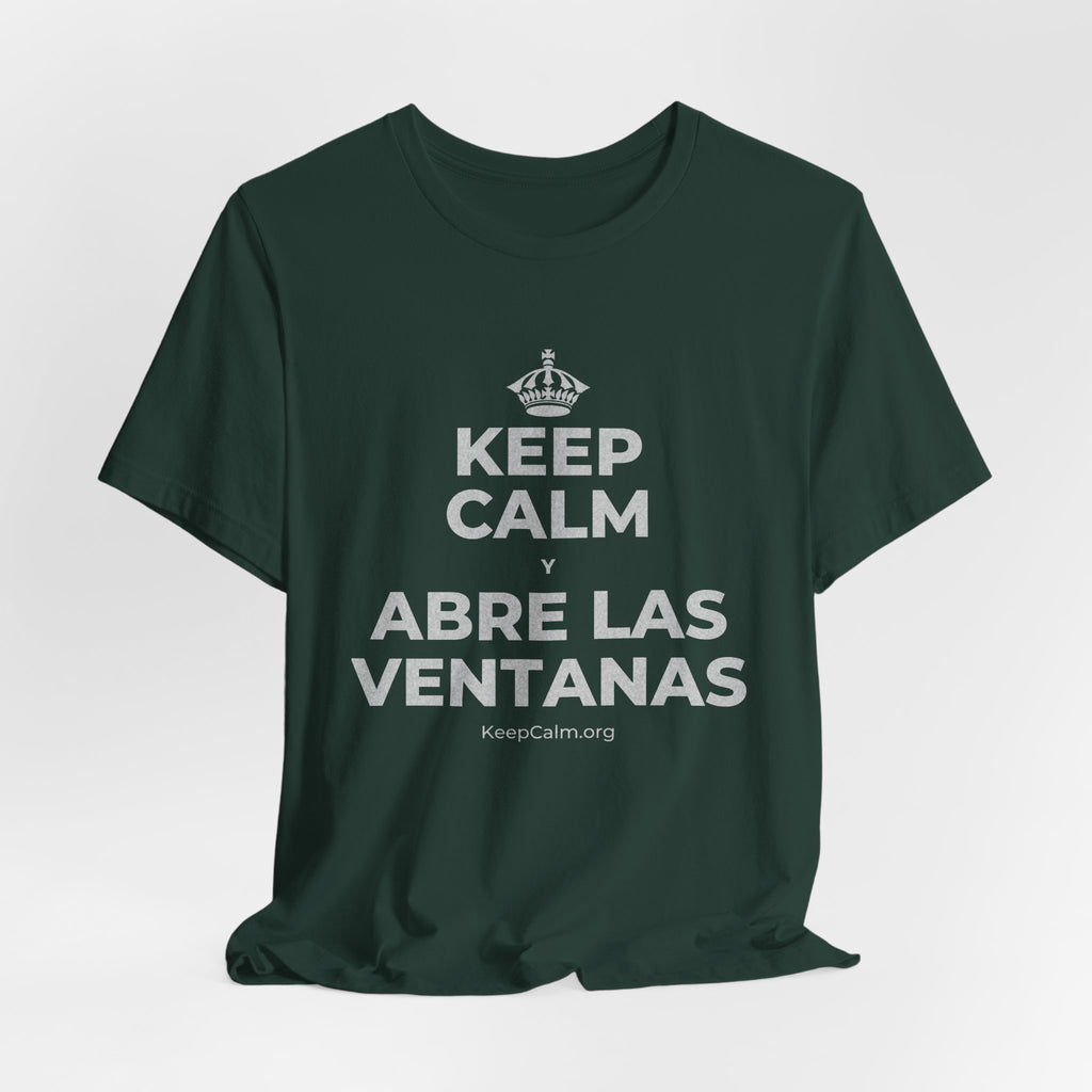 KEEP CALM Y ABRE LAS VENTANAS T-Shirt (White–Asphalt)