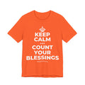 KEEP CALM AND COUNT YOUR BLESSINGS T-Shirt (Baby Blue–Silver)