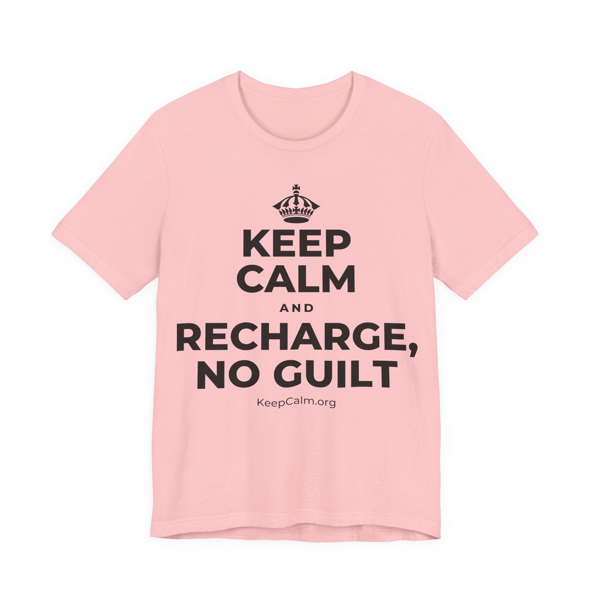 KEEP CALM AND RECHARGE, NO GUILT T-Shirt (White–Asphalt)