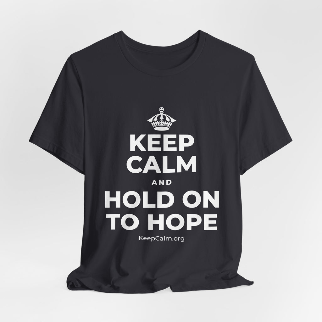 KEEP CALM AND HOLD ON TO HOPE T-Shirt (Baby Blue–Silver)
