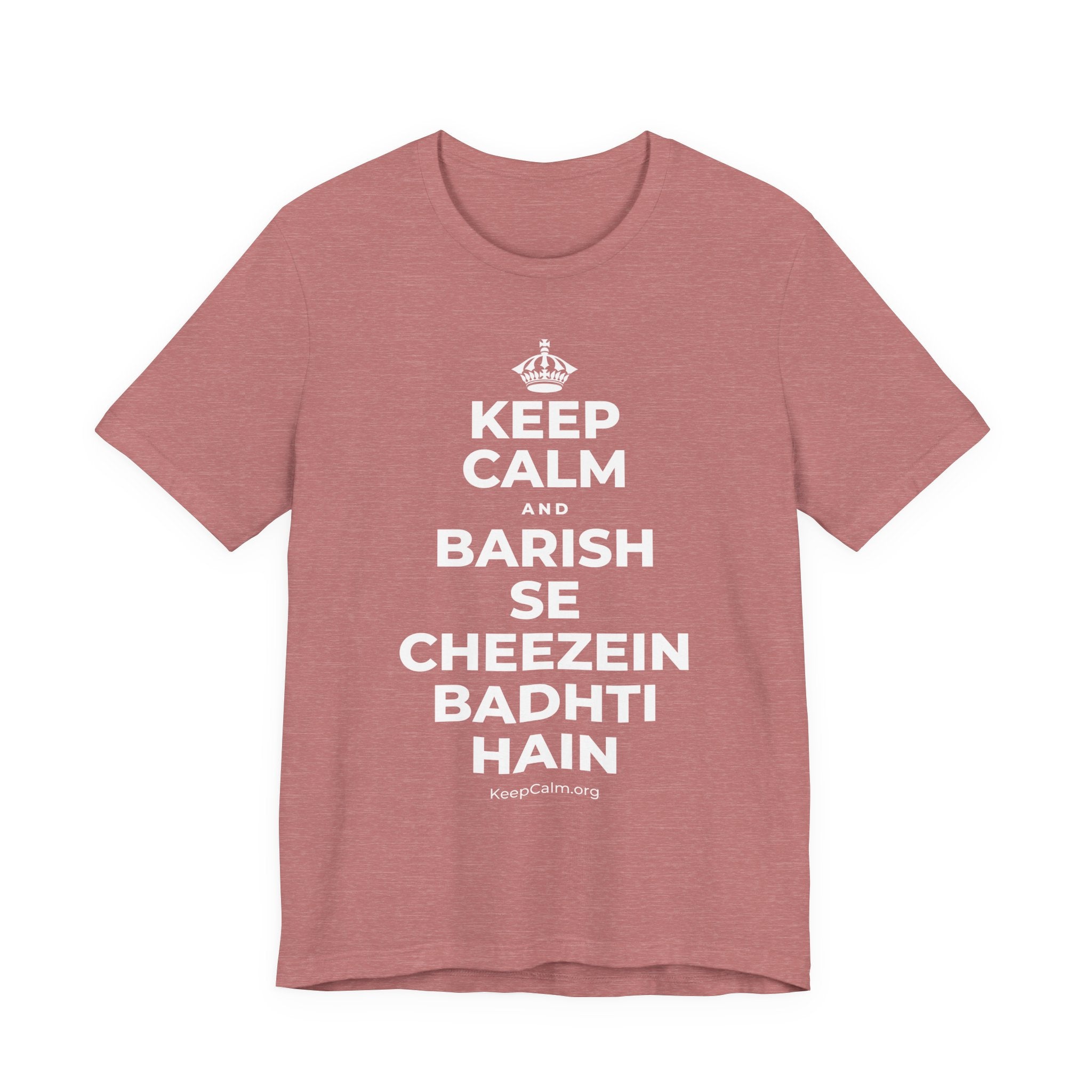 KEEP CALM AND BARISH SE CHEEZEIN BADHTI HAIN T-Shirt (Soft Cream–Heather Mauve)