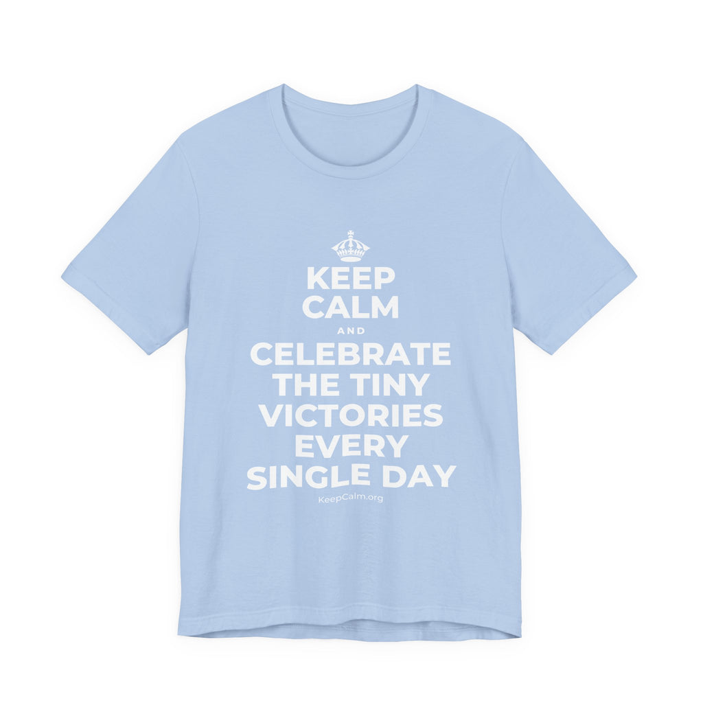 KEEP CALM AND CELEBRATE THE TINY VICTORIES EVERY SINGLE DAY T-Shirt (Baby Blue–Silver)