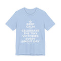 KEEP CALM AND CELEBRATE THE TINY VICTORIES EVERY SINGLE DAY T-Shirt (Baby Blue–Silver)