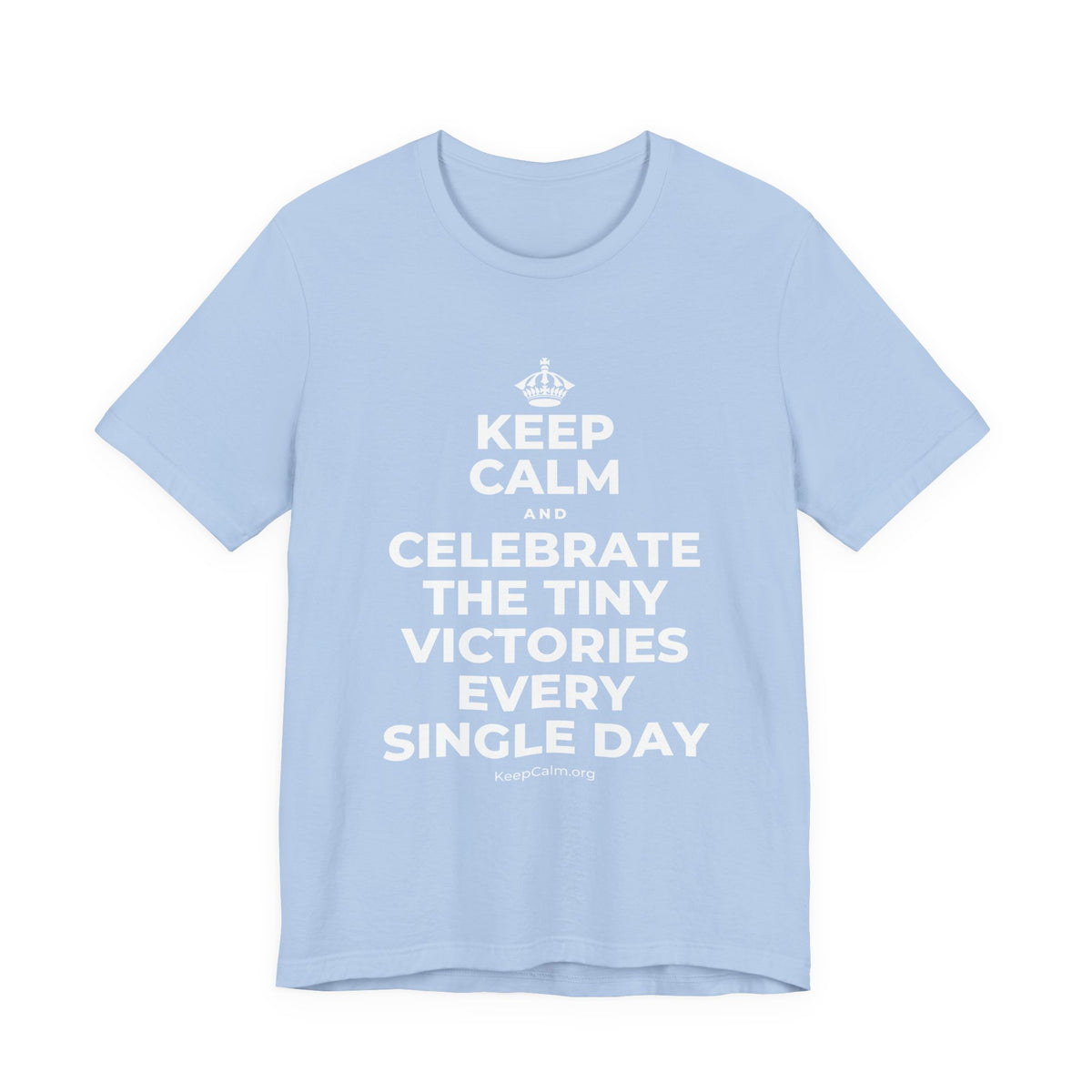KEEP CALM AND CELEBRATE THE TINY VICTORIES EVERY SINGLE DAY T-Shirt (Baby Blue–Silver)