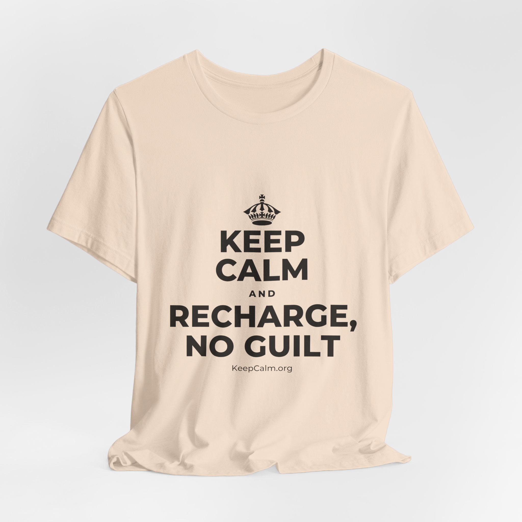 KEEP CALM AND RECHARGE, NO GUILT T-Shirt (Soft Cream–Heather Mauve)