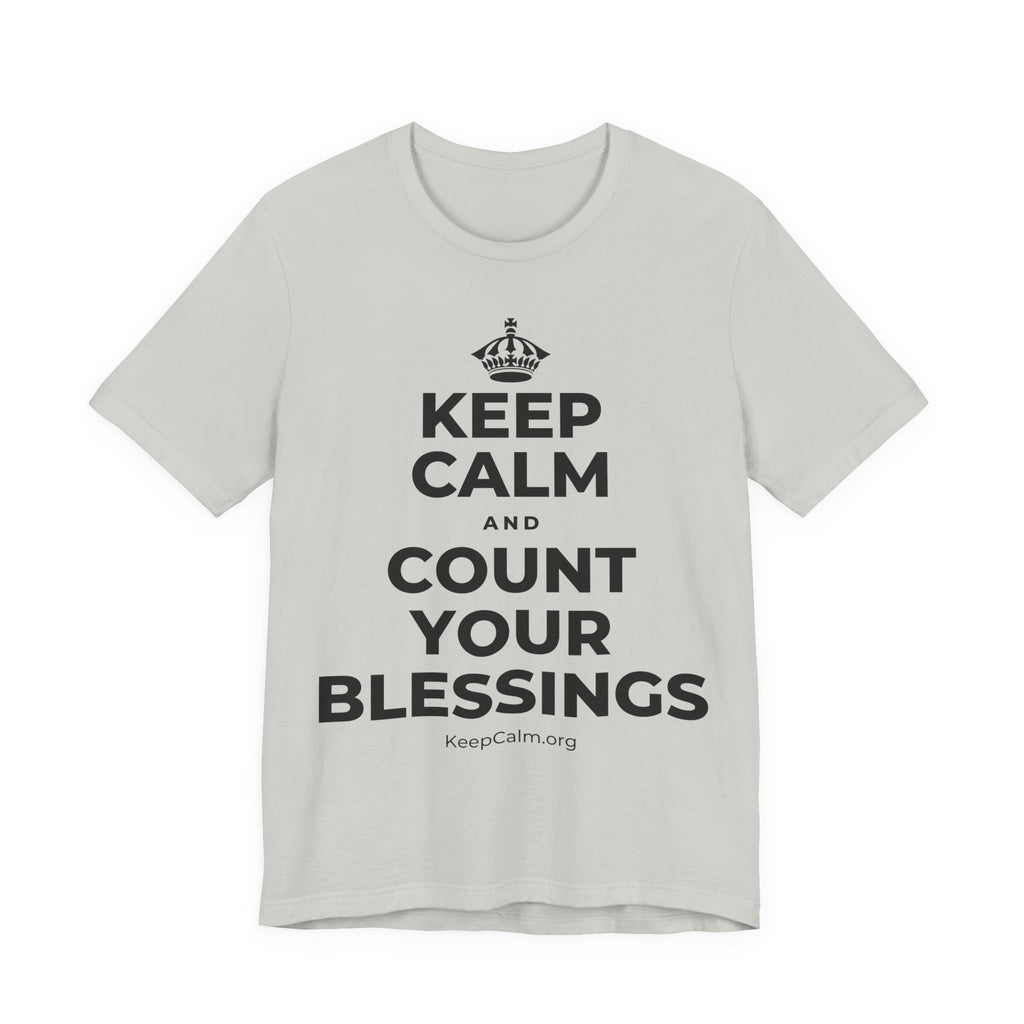 KEEP CALM AND COUNT YOUR BLESSINGS T-Shirt (Baby Blue–Silver)