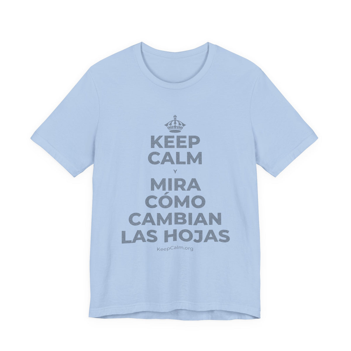 KEEP CALM Y MIRA CÓMO CAMBIAN LAS HOJAS T-Shirt (Baby Blue–Silver)