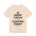 KEEP CALM AND COFFEE FIRST T-Shirt (Soft Cream–Heather Mauve)