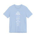 KEEP CALM AND آہستہ شروع کرو، مضبوط ختم کرو T-Shirt (Baby Blue–Silver)