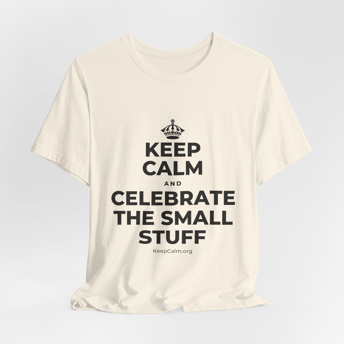 KEEP CALM AND CELEBRATE THE SMALL STUFF T-Shirt (White–Asphalt)