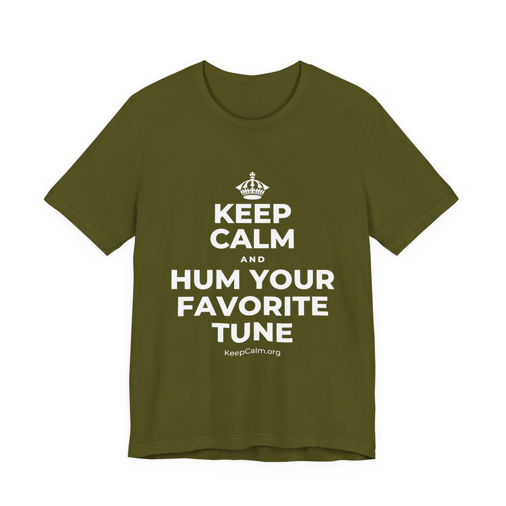KEEP CALM AND HUM YOUR FAVORITE TUNE T-Shirt (Baby Blue–Silver)