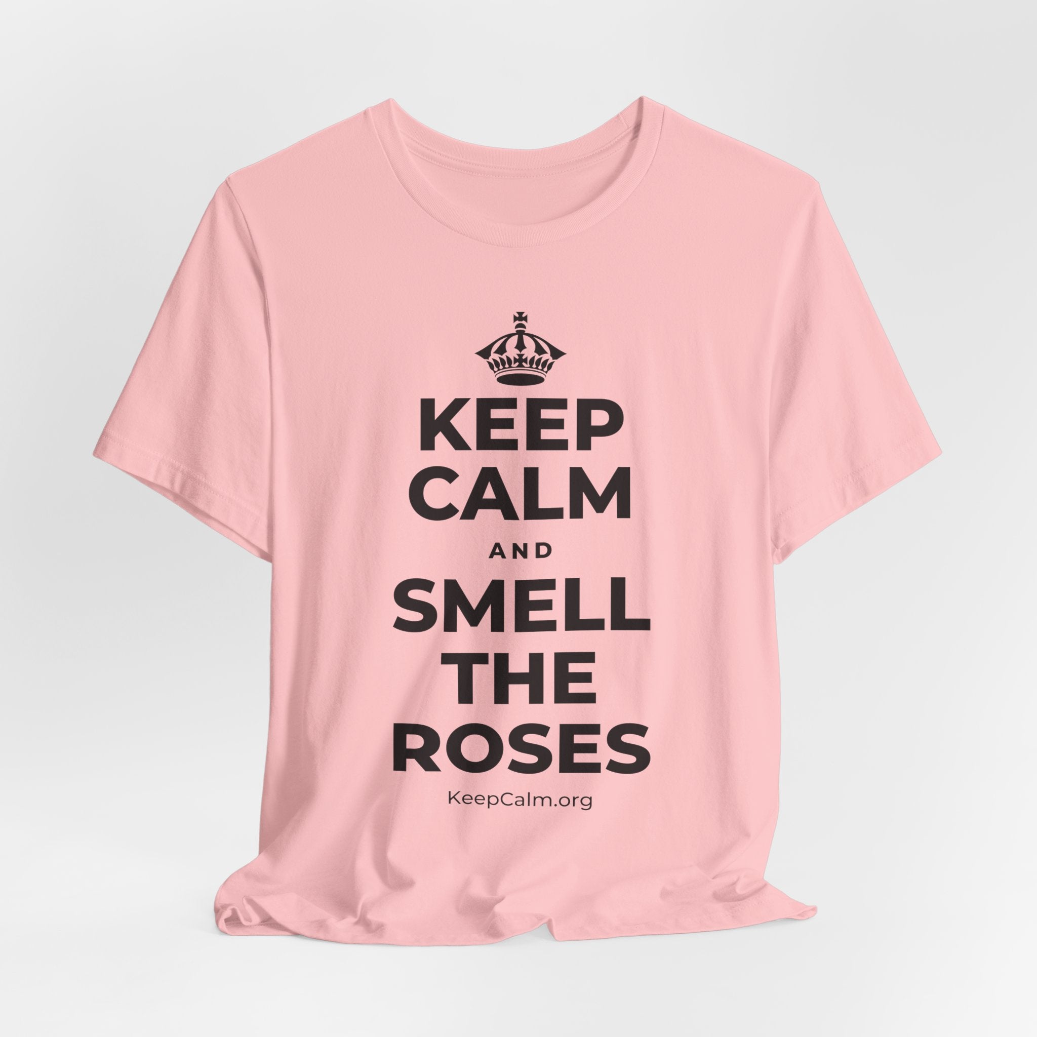 KEEP CALM AND SMELL THE ROSES T-Shirt (White–Asphalt)