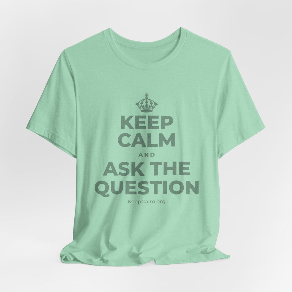 KEEP CALM AND ASK THE QUESTION T-Shirt (Baby Blue–Silver)