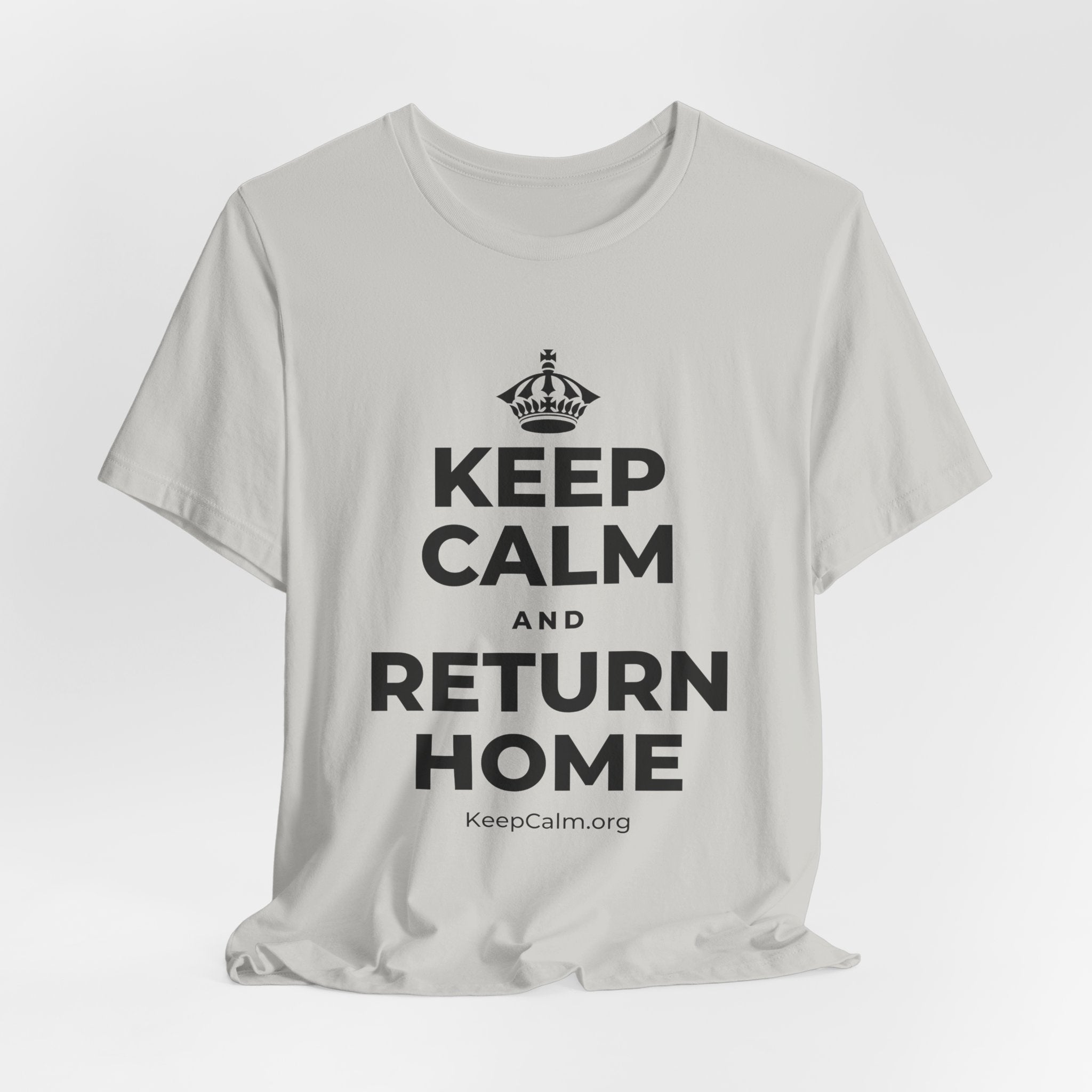 KEEP CALM AND RETURN HOME T-Shirt (Baby Blue–Silver)