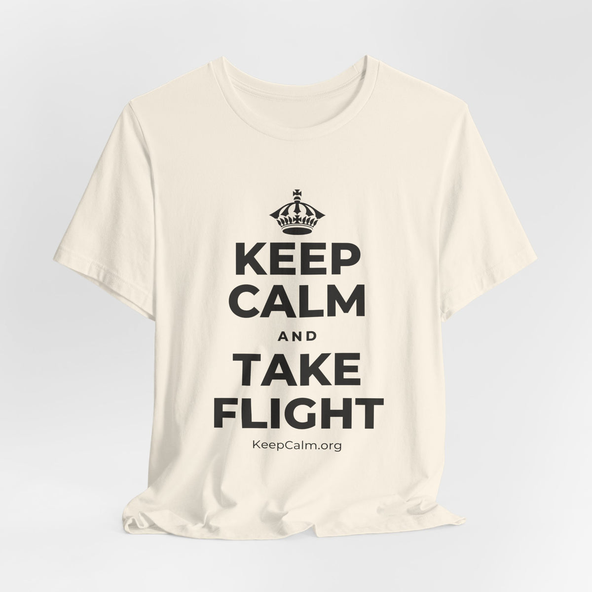 KEEP CALM AND TAKE FLIGHT T-Shirt (White–Asphalt)