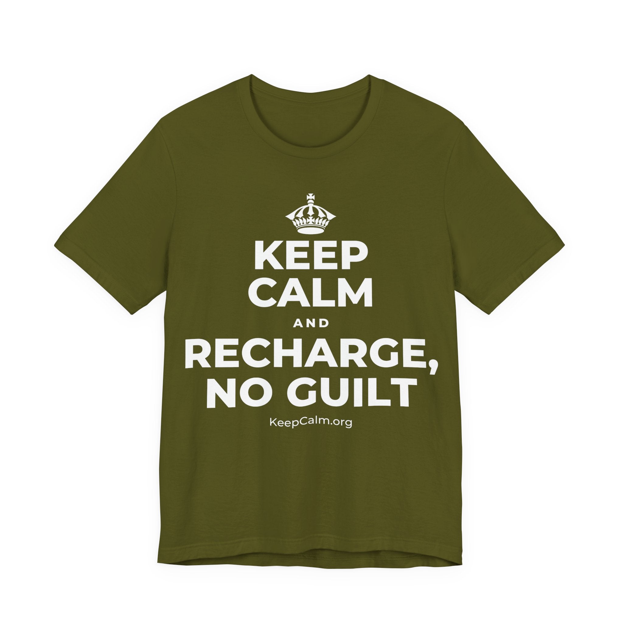 KEEP CALM AND RECHARGE, NO GUILT T-Shirt (Baby Blue–Silver)