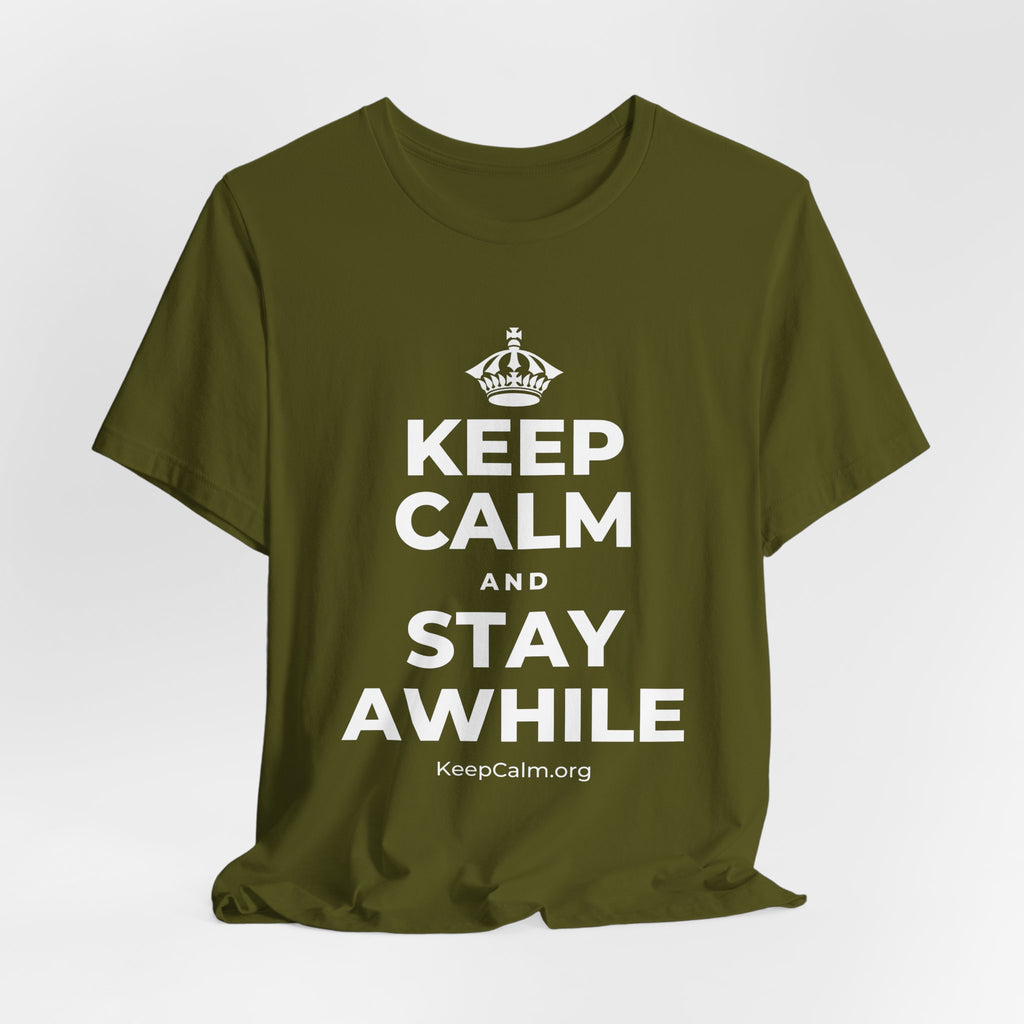 KEEP CALM AND STAY AWHILE T-Shirt (Baby Blue–Silver)