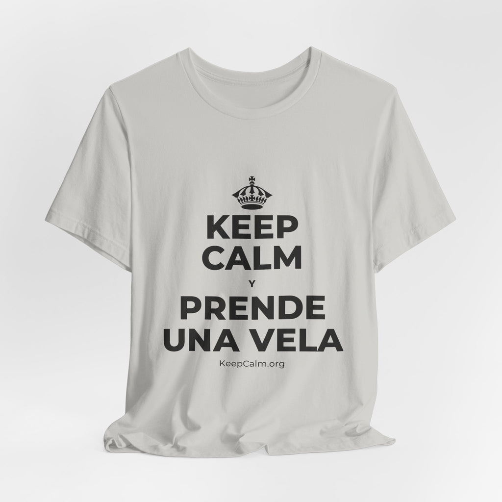 KEEP CALM Y PRENDE UNA VELA T-Shirt (Baby Blue–Silver)