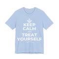 KEEP CALM AND TREAT YOURSELF T-Shirt (Baby Blue–Silver)