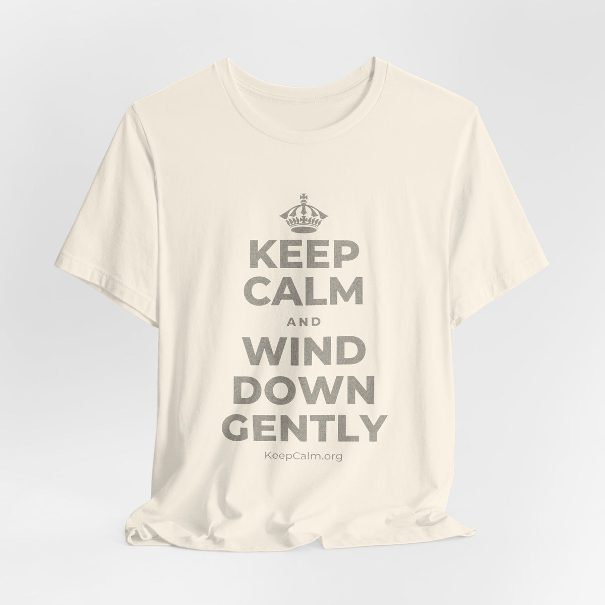 KEEP CALM AND WIND DOWN GENTLY T-Shirt (White–Asphalt)