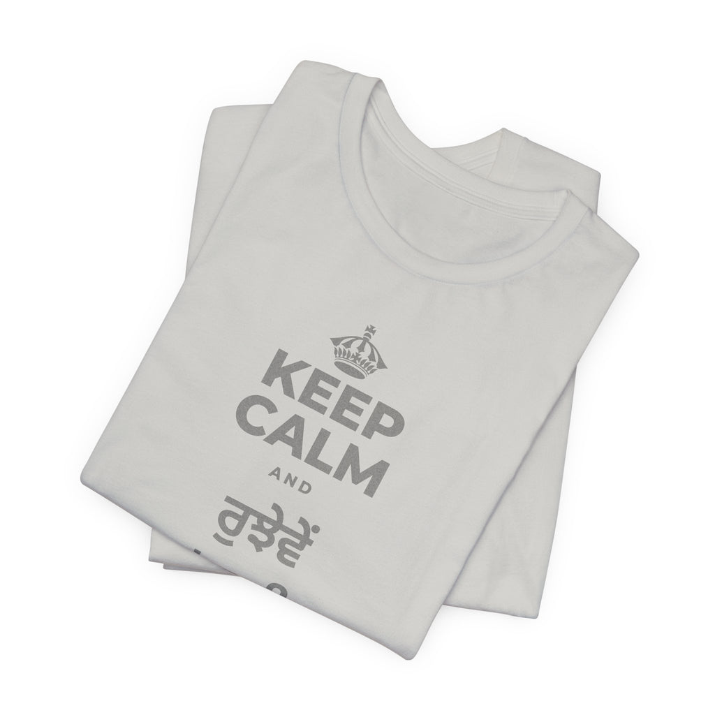 KEEP CALM AND ਰੁਝੇਵੇਂ 'ਚ ਵੀ ਨਰਮ ਰਹੋ T-Shirt (Baby Blue–Silver)