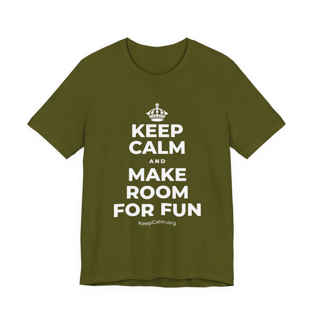 KEEP CALM AND MAKE ROOM FOR FUN T-Shirt (Baby Blue–Silver)
