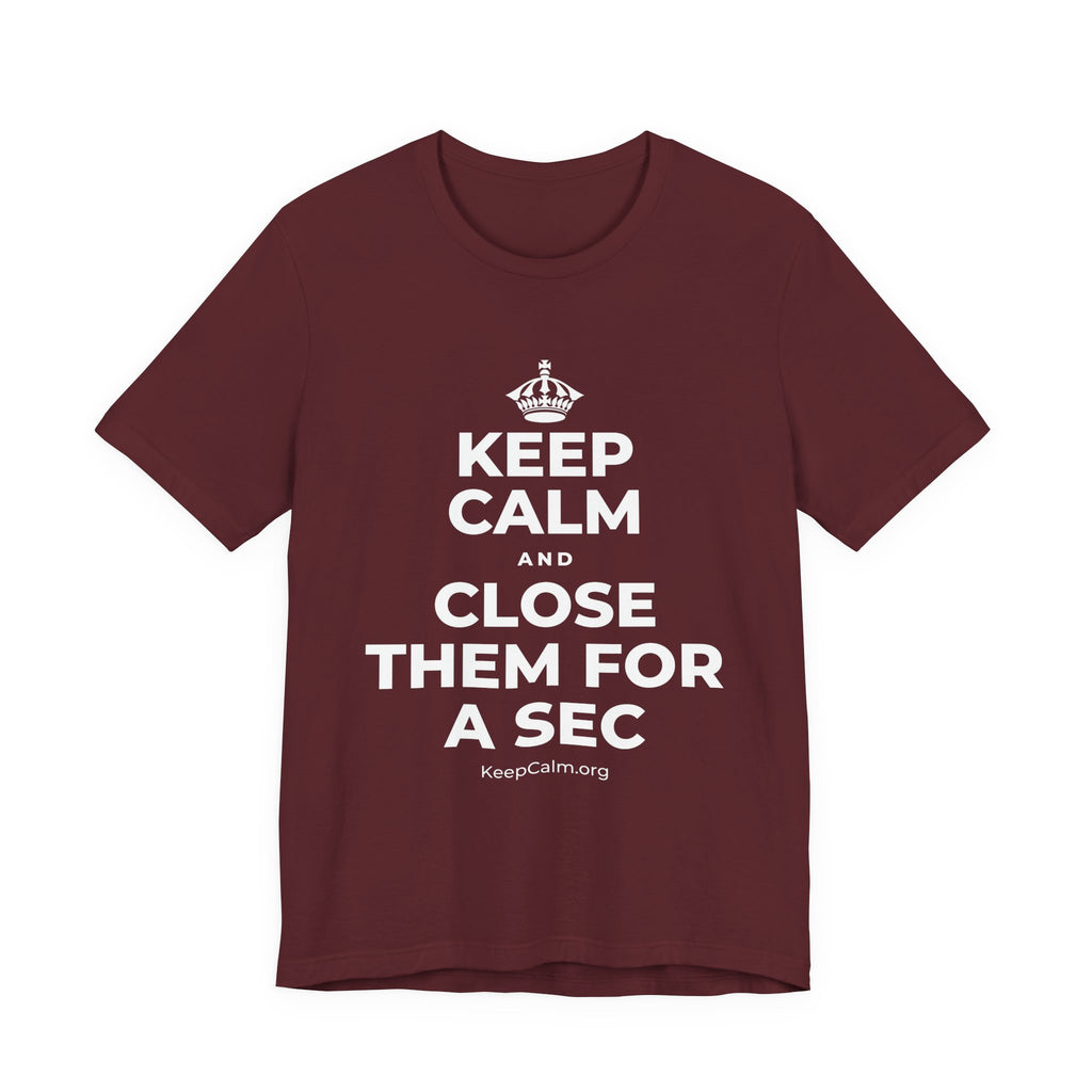 KEEP CALM AND CLOSE THEM FOR A SEC T-Shirt (Baby Blue–Silver)
