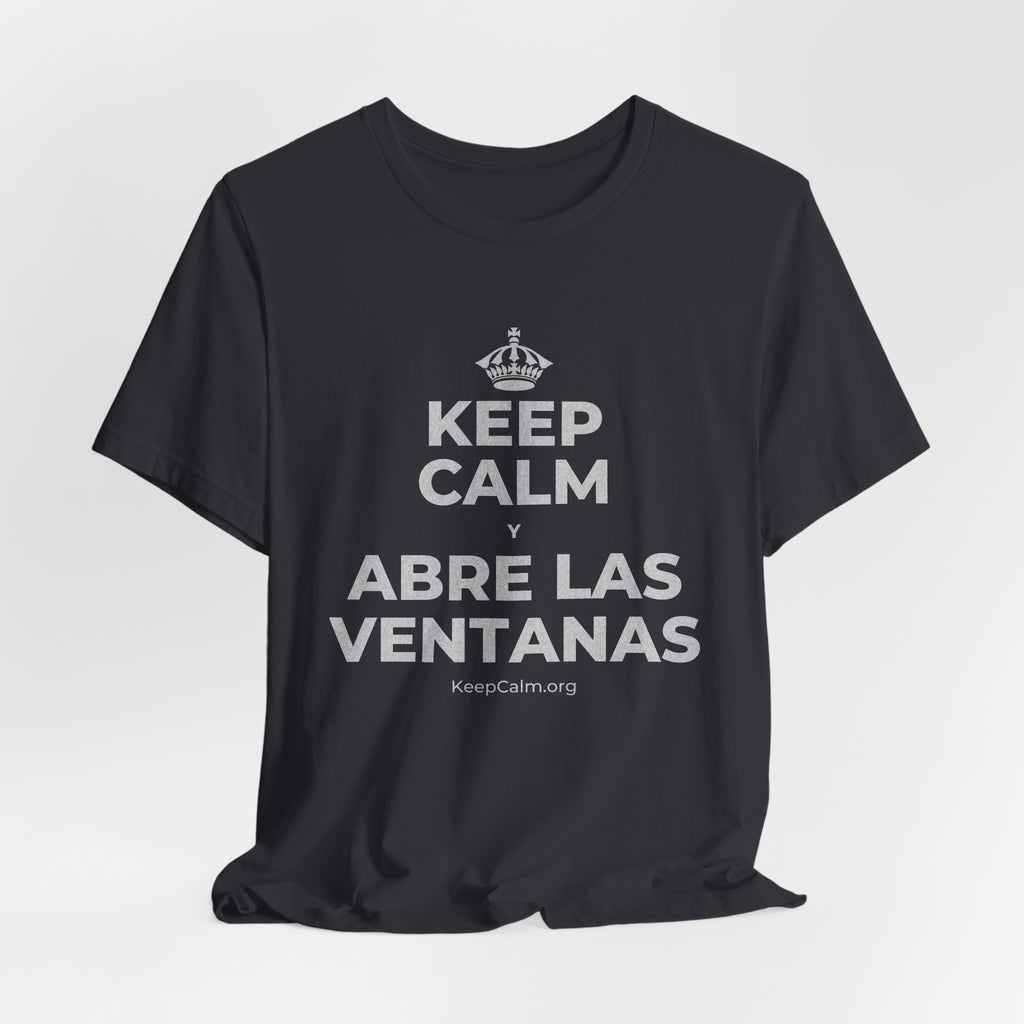 KEEP CALM Y ABRE LAS VENTANAS T-Shirt (Baby Blue–Silver)