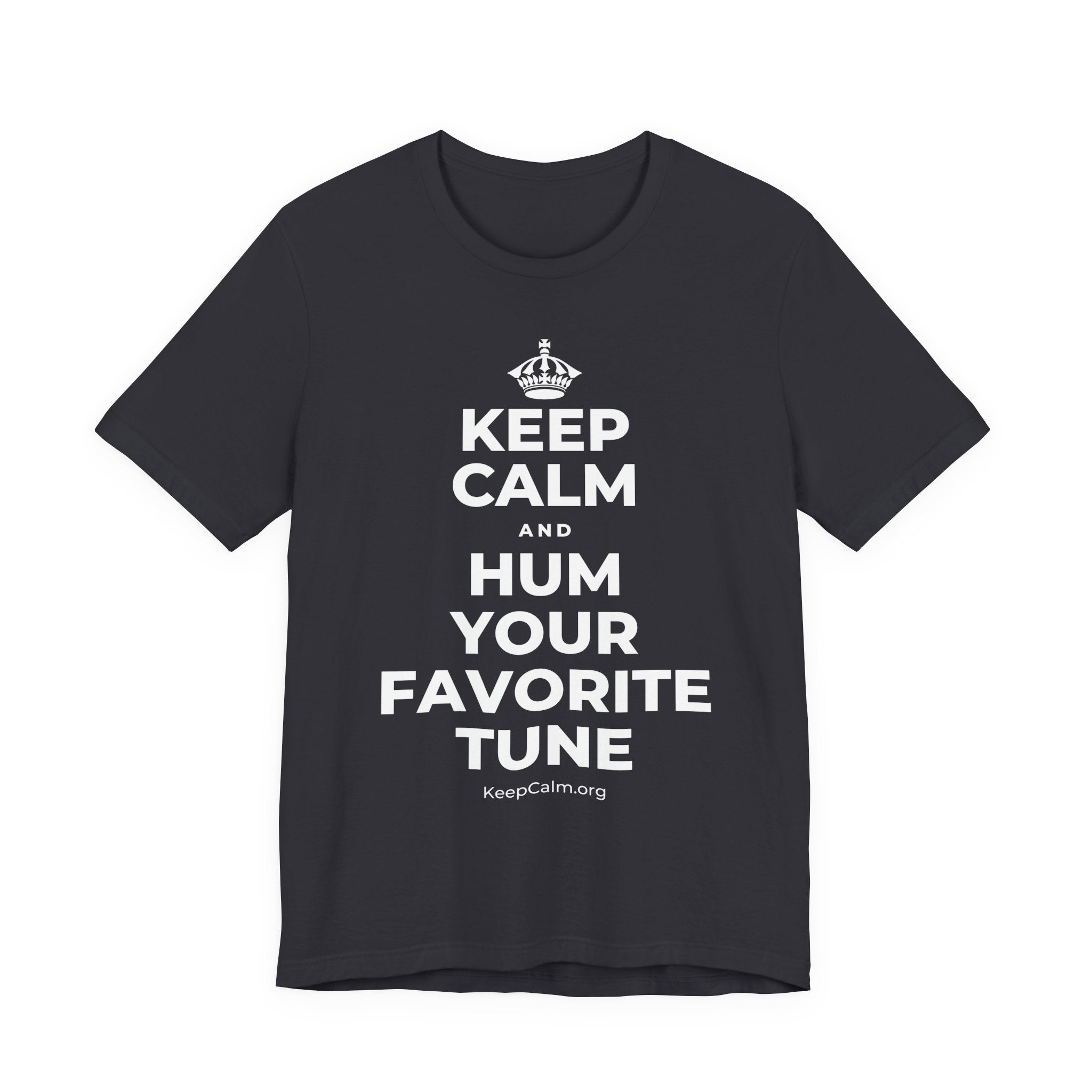 KEEP CALM AND HUM YOUR FAVORITE TUNE T-Shirt (Baby Blue–Silver)