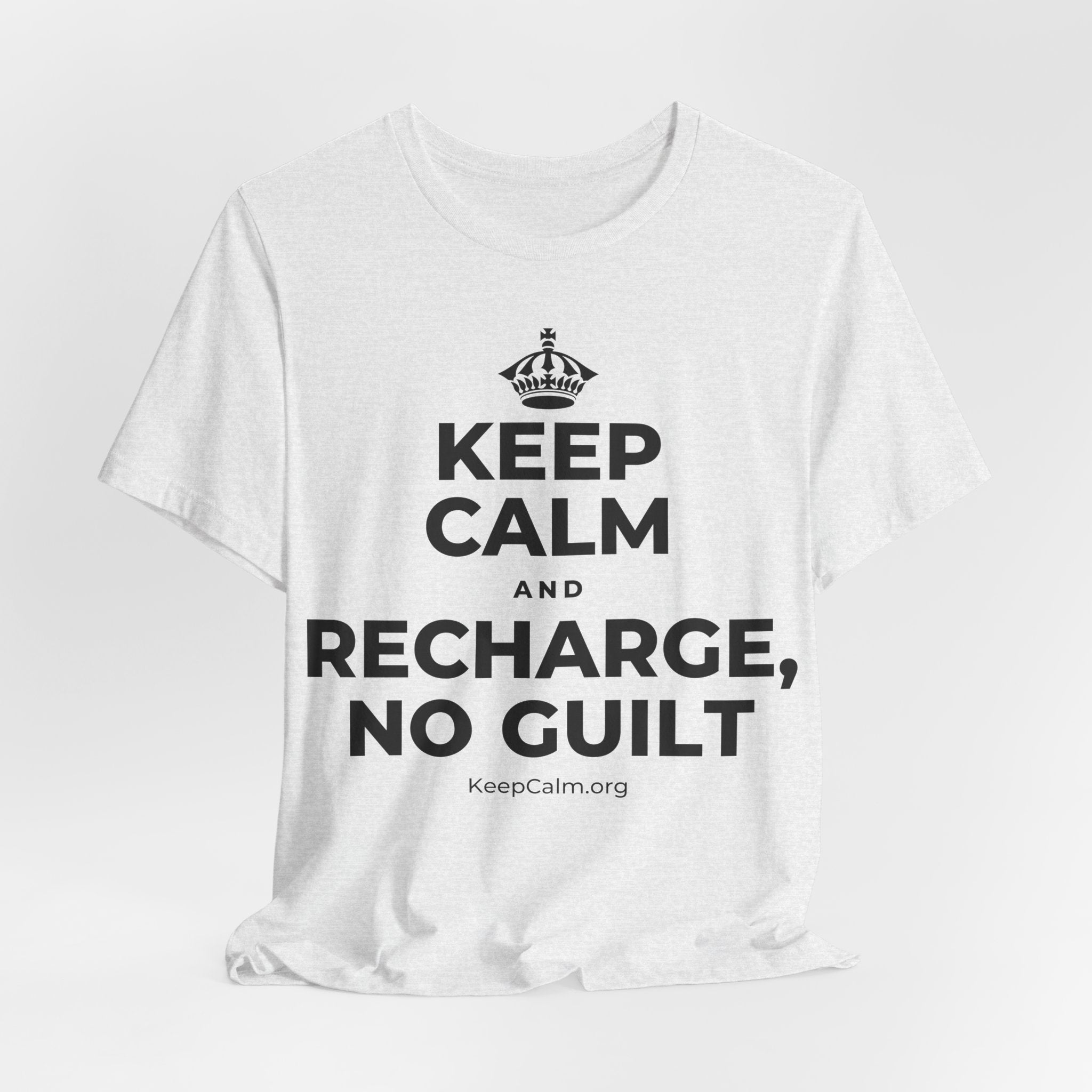 KEEP CALM AND RECHARGE, NO GUILT T-Shirt (Soft Cream–Heather Mauve)