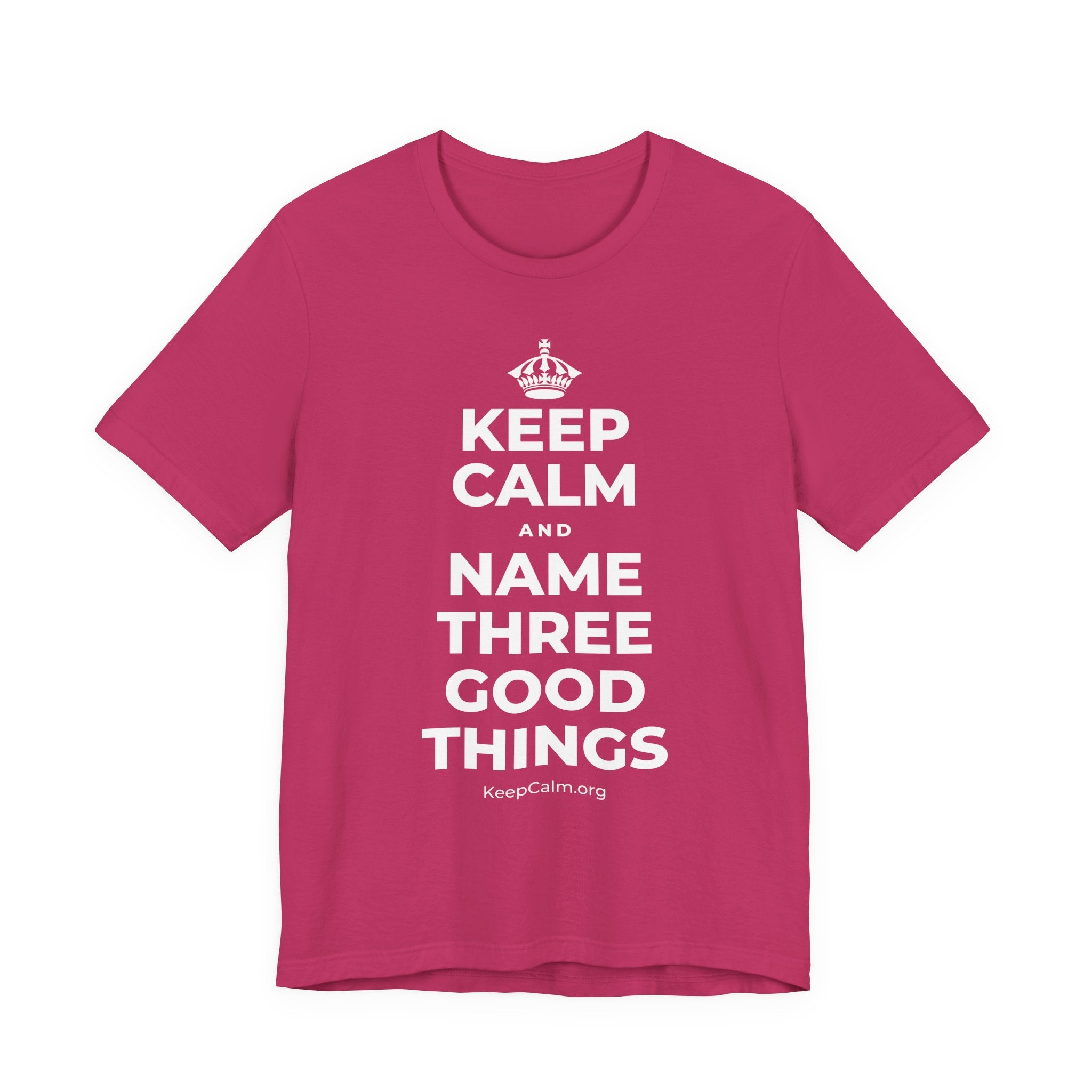 KEEP CALM AND NAME THREE GOOD THINGS T-Shirt (Baby Blue–Silver)