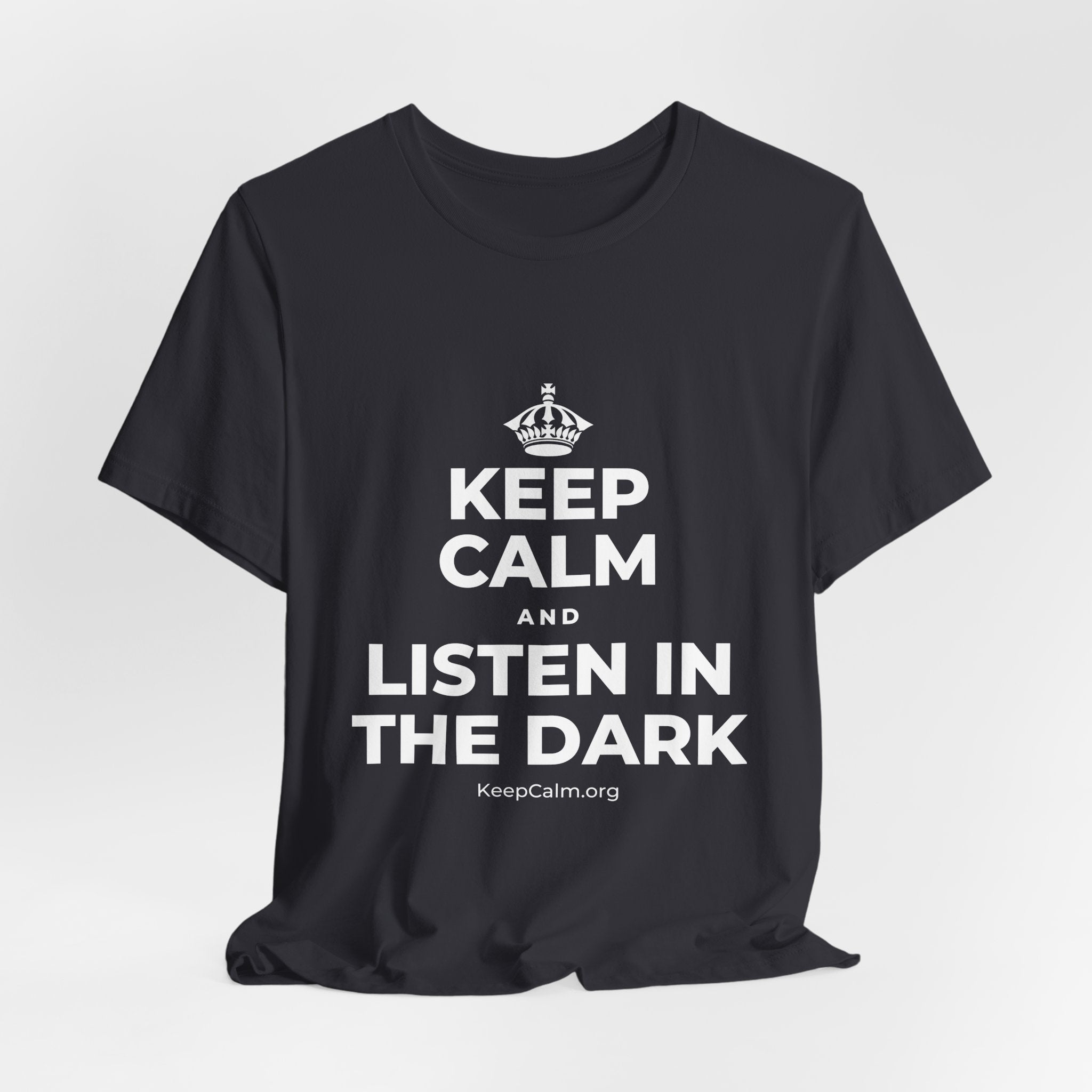 KEEP CALM AND LISTEN IN THE DARK T-Shirt (Baby Blue–Silver)