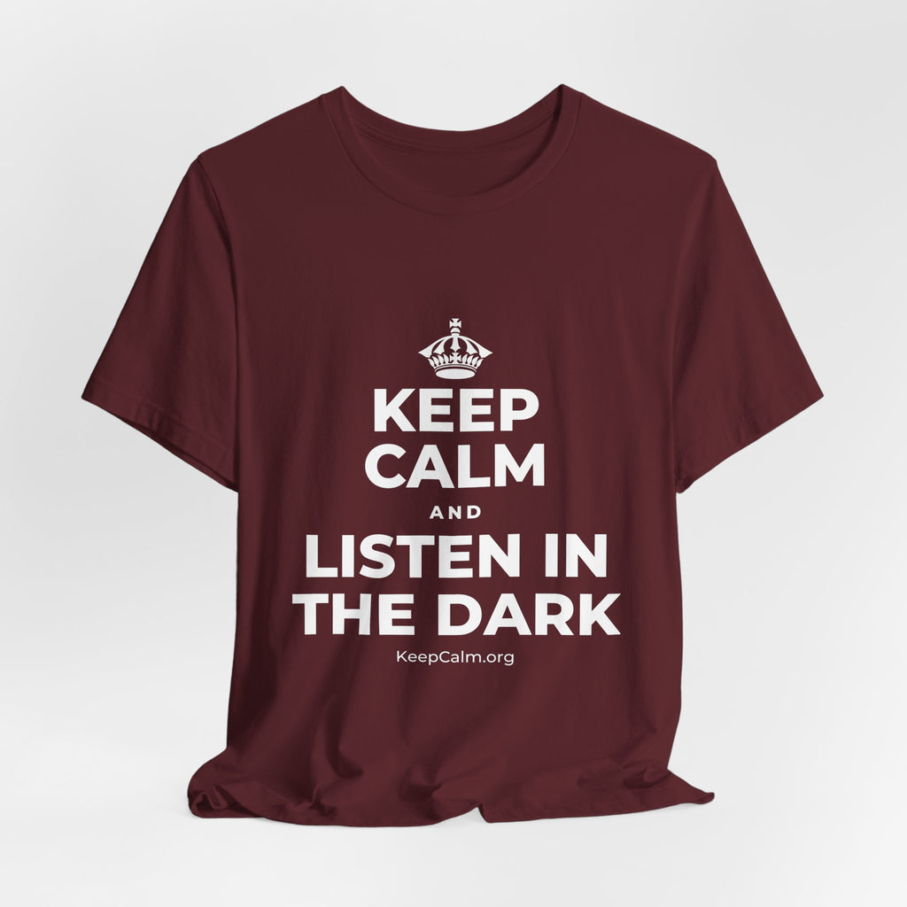 KEEP CALM AND LISTEN IN THE DARK T-Shirt (Baby Blue–Silver)