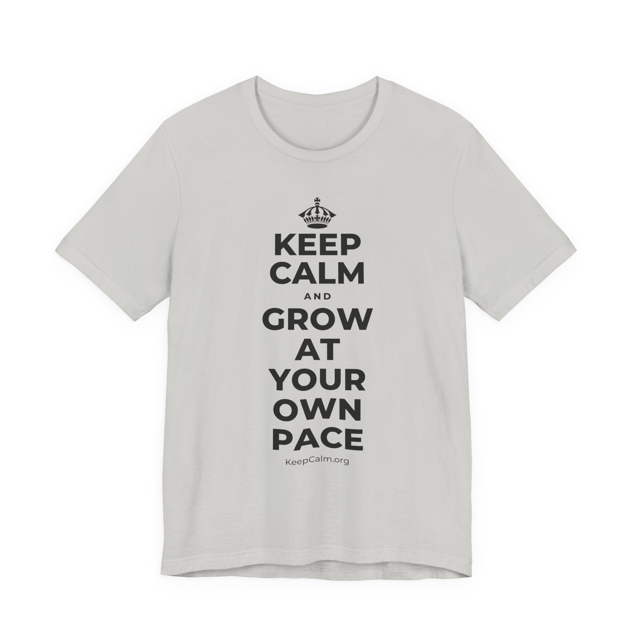 KEEP CALM AND GROW AT YOUR OWN PACE T-Shirt (Baby Blue–Silver)