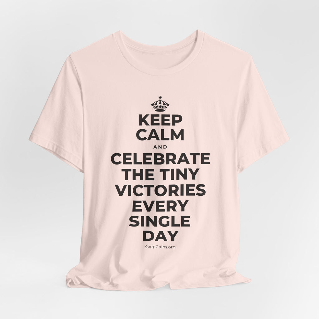 KEEP CALM AND CELEBRATE THE TINY VICTORIES EVERY SINGLE DAY T-Shirt (Soft Cream–Heather Mauve)