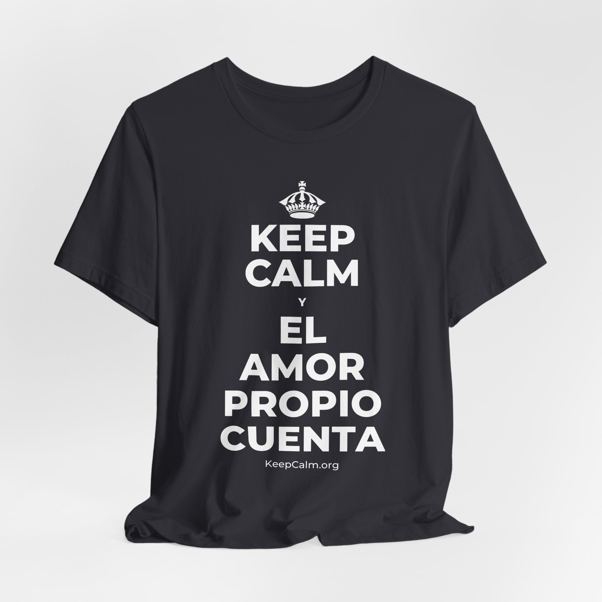 KEEP CALM Y EL AMOR PROPIO CUENTA T-Shirt (Baby Blue–Silver)