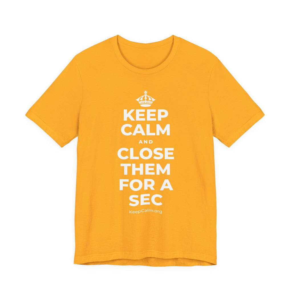 KEEP CALM AND CLOSE THEM FOR A SEC T-Shirt (Baby Blue–Silver)