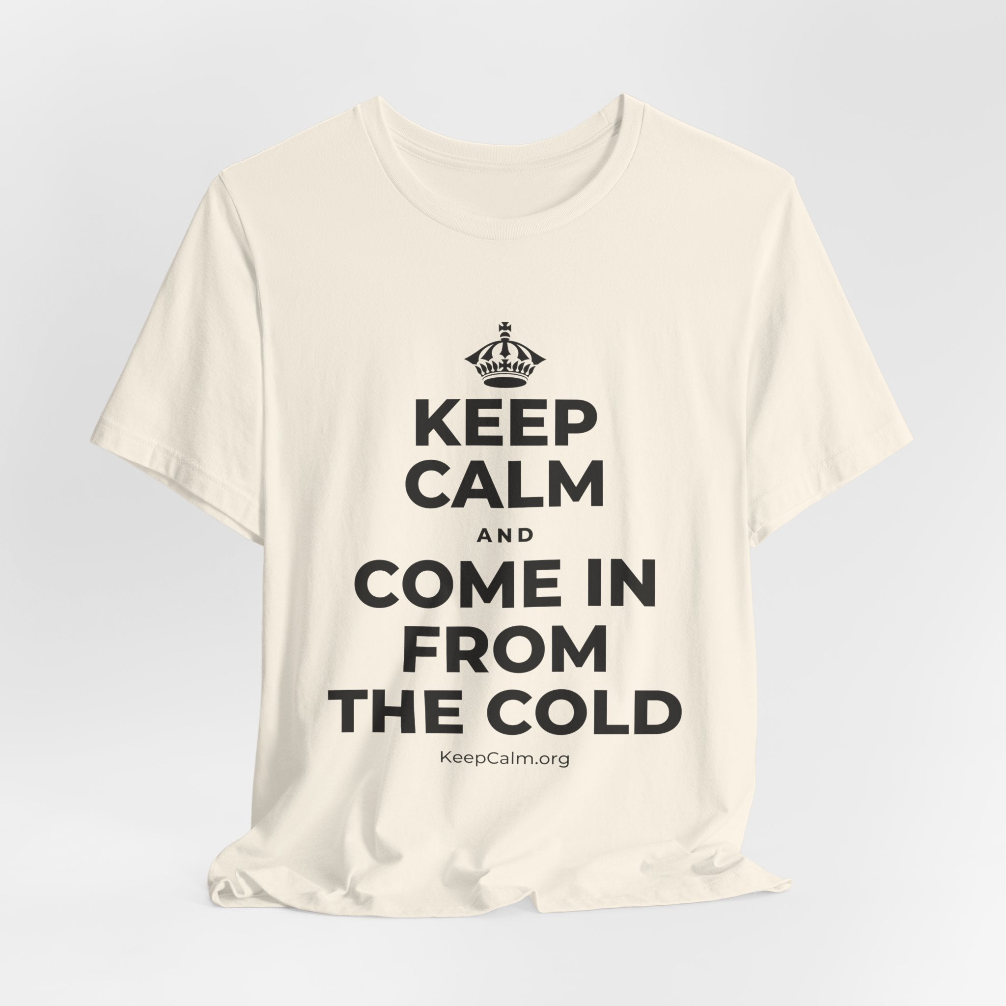 KEEP CALM AND COME IN FROM THE COLD T-Shirt (White–Asphalt)