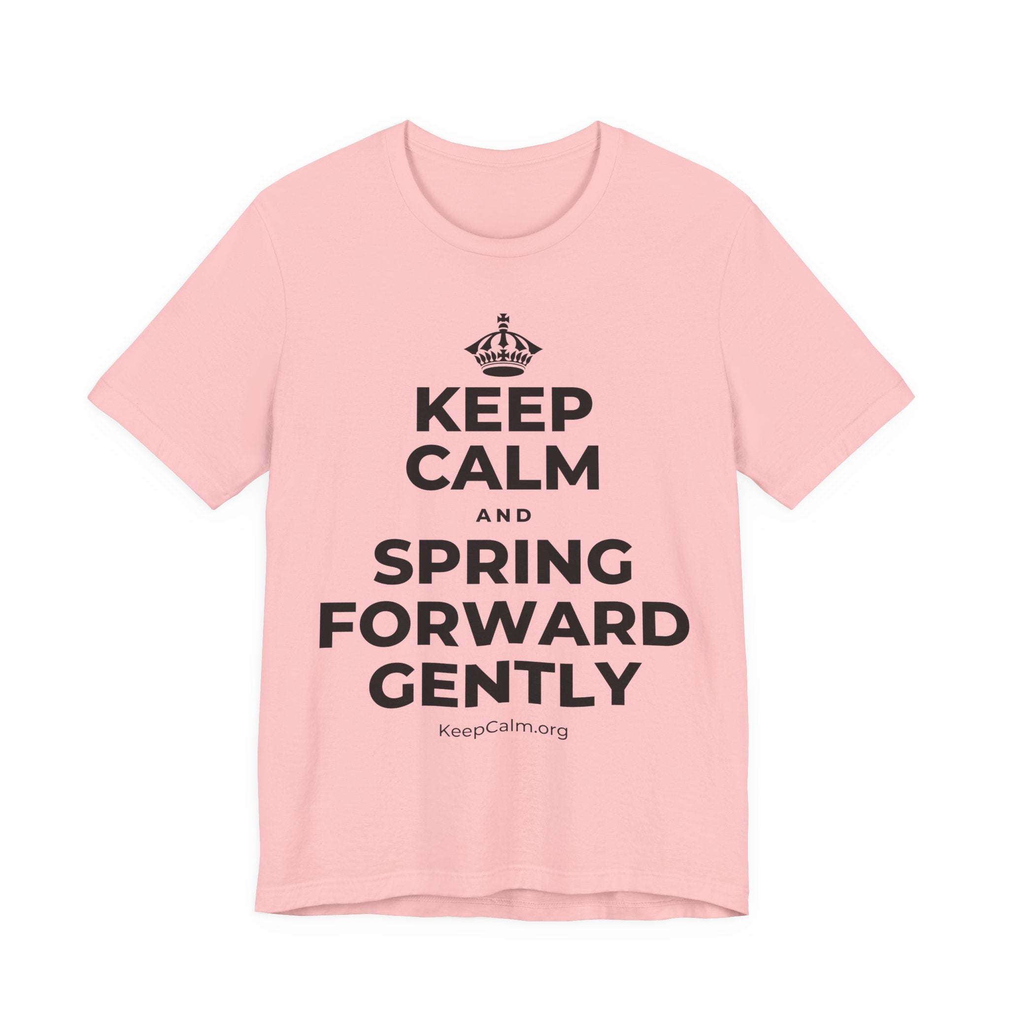 KEEP CALM AND SPRING FORWARD GENTLY T-Shirt (White–Asphalt)