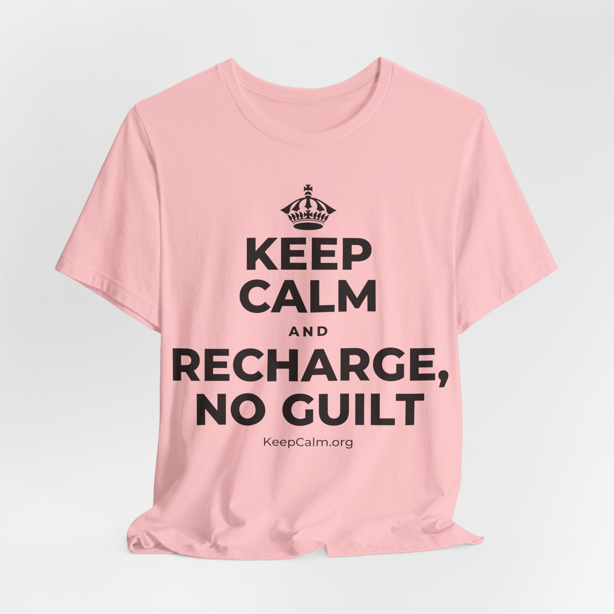 KEEP CALM AND RECHARGE, NO GUILT T-Shirt (White–Asphalt)